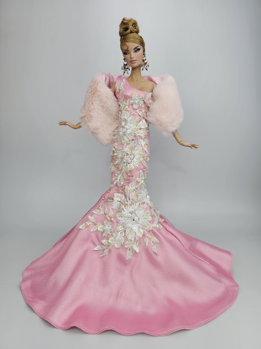Evening Lace Pink Dress Outfit Gown Fur Silkstone Barbie Fashion