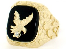 10k or 14k Solid Yellow Gold Nugget Onyx Eagle Mens Ring