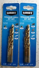 2 Pack HART 3-Piece Titanium Drill Bit Set 1/8, 3/16, 1/4-inch, 135° Split Point