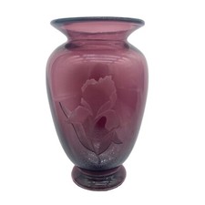 Fenton Amethyst Etched Iris Flower Medium Vase. 6 .75" Tall. Stamped Fenton.