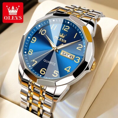 OLEVS Men's Mirror Watch Original Quartz Waterproof Luminous Luxury - GOLD BLUE