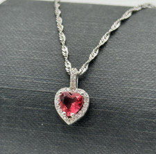 Solid 925 Sterling Silver Heart Shape Ruby Pendant 20 Inch Necklace