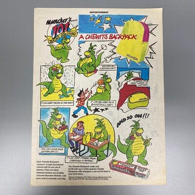 CHEWITS BACKBACK MUNCHER CHEWIE THE CHEWITSAURUS 1990 VINTAGE RETRO ADVERT