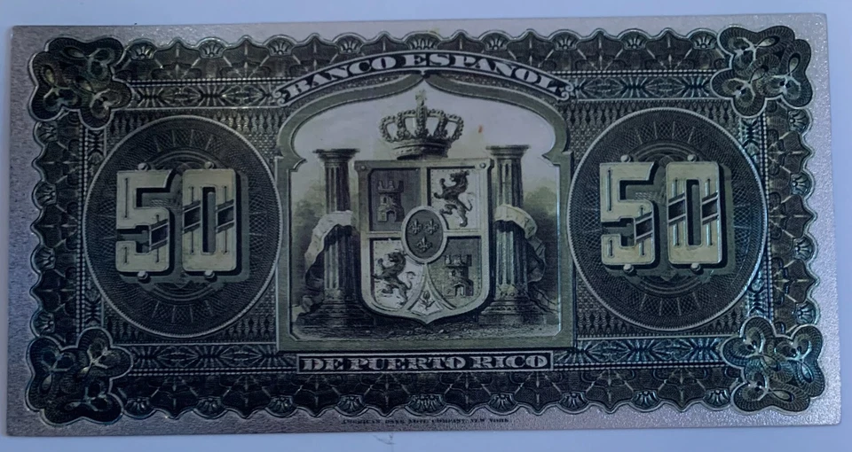 PUERTO RICO 50 PESOS 1894 excelente polímero banhado a prata cópia de reprodução - Imagem 2 de 2