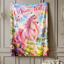 Personalized Pink Unicorn Rainbow Meadow Coral Fleece Blanket
