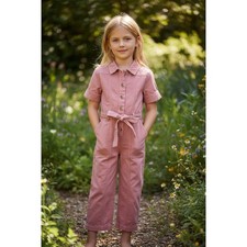 ZARA Girls Jumpsuit Romper Size 8 Pink Utility Safari Belted Button Front linen