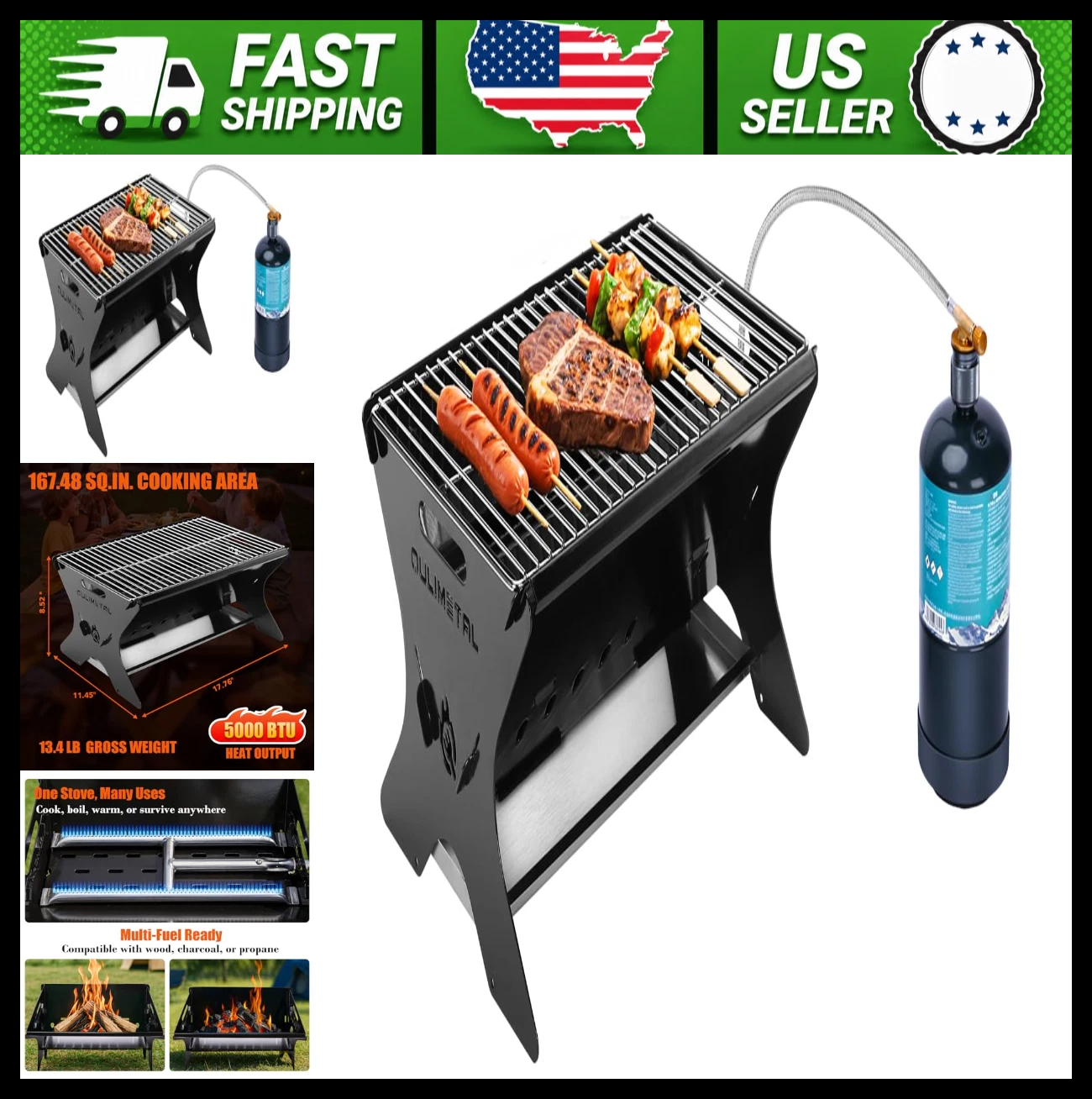 QuliMetal Portable Foldable Camping Grill with Carry Bag, Charcoal/Gas BBQ