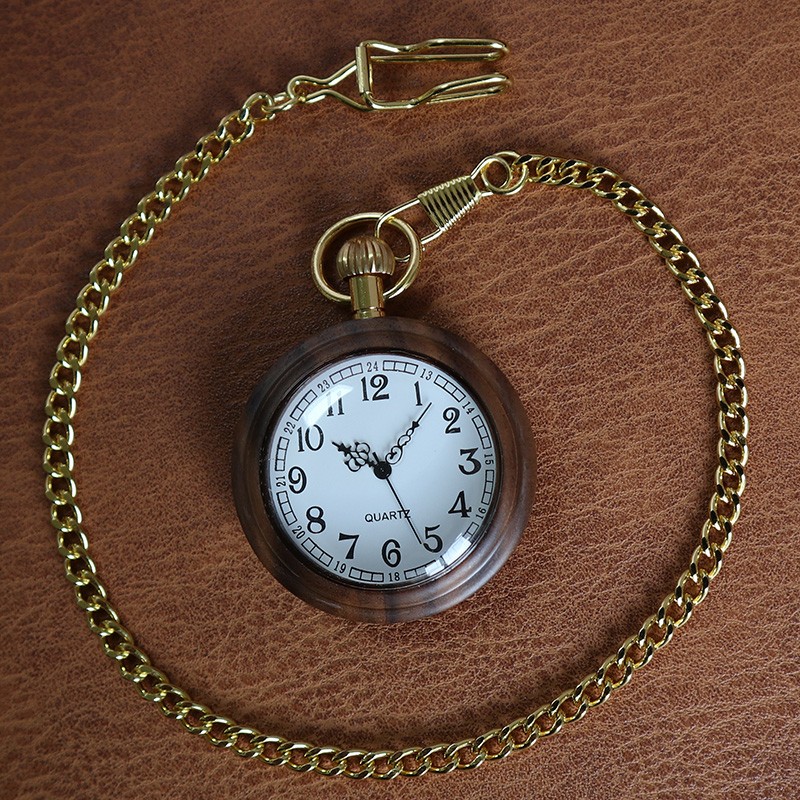 Retro Natural Wood Big Dial Analog Quartz Pocket Watches With Chain Unisex Gifts
