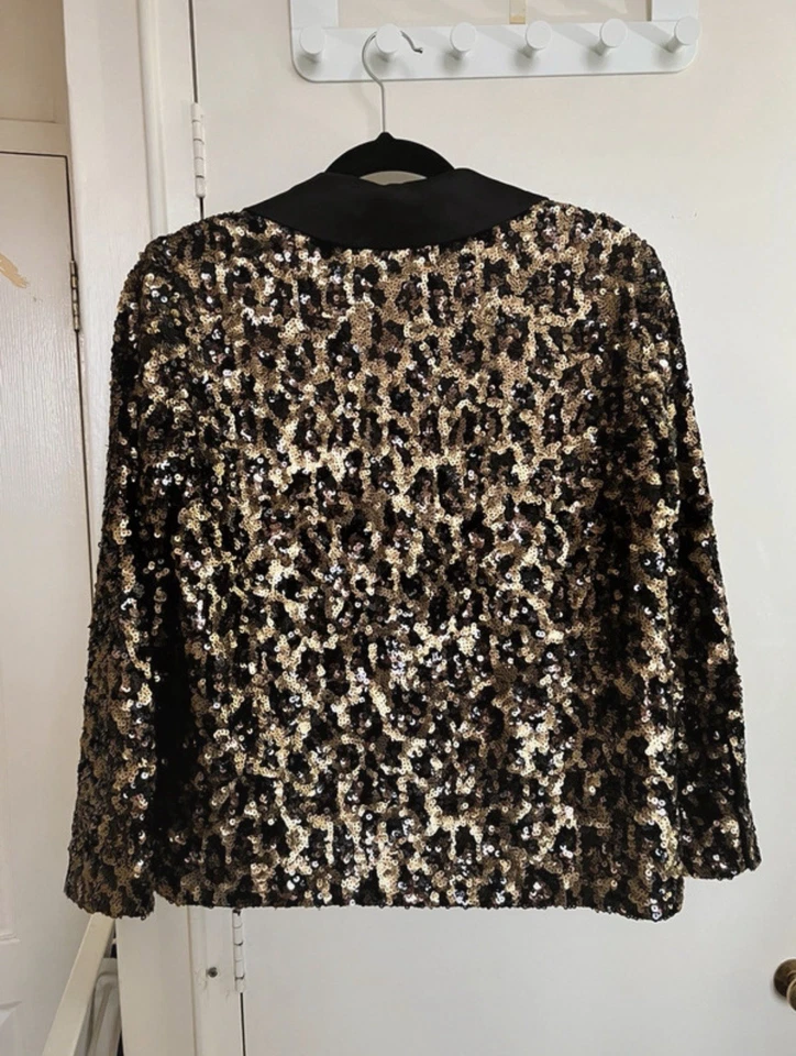 Impresionante Chaqueta Blazer Alice + Olivia XS Lentejuelas Leopardo Dorado Negro Fiesta Noche Foto 2 de 4
