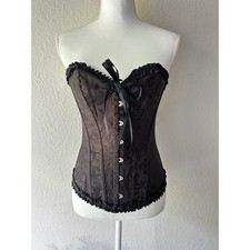 Womens Black Jacquard Floral Corset Top Ruffle Trim Lace Up Back Small