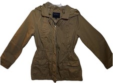 Miss London Womens Large Tan Utility Jacket Hooded Cinch Waist Anorak Casual