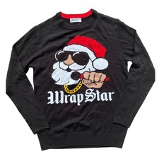 Kids H M Ugly Christmas Sweater Wrap Star Santa Graphic Black Sweater SZ 12/14