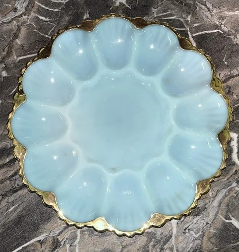 Vintage Anchor Hocking Fire King Delphite Blue Deviled Egg Serving Dish Plate