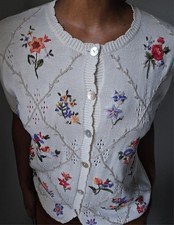 Vtg Womens 90s Sweater Knit Cardigan L Floral Embroidered Cottagecore Grannycore