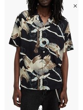 ALLSAINTS Buzzard Printed Camp S.S. Shirt Button Up Mens L Black Birds *altered*