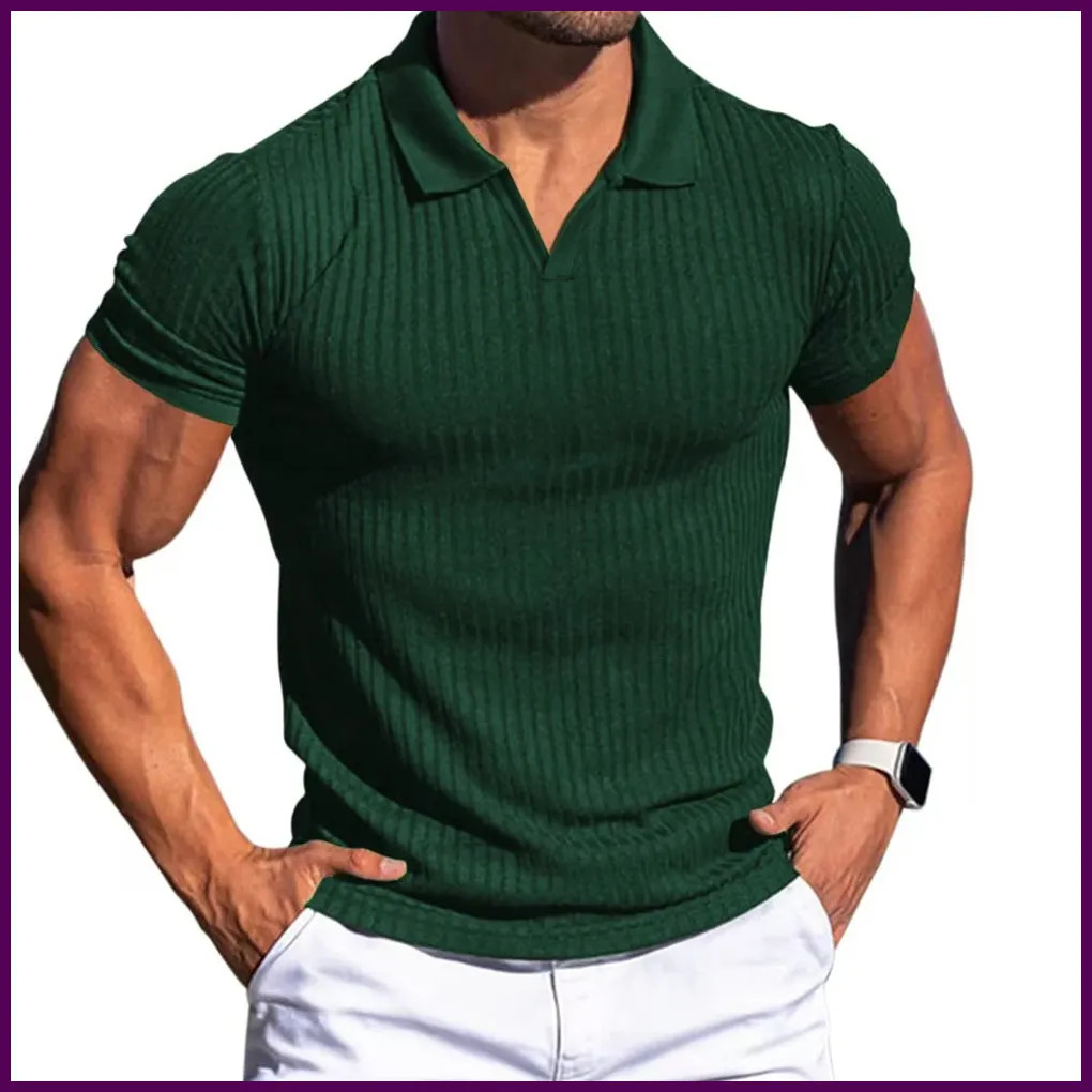 Men’s Turn Down Collar Short Sleeve Slim Fit T-shirt Summer Solid Knitted Tops image 3