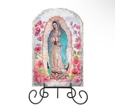 Placa de Azulejo Arqueado Nuestra Señora de Guadalupe con Soporte de Metal Arte Católico Guadalupe