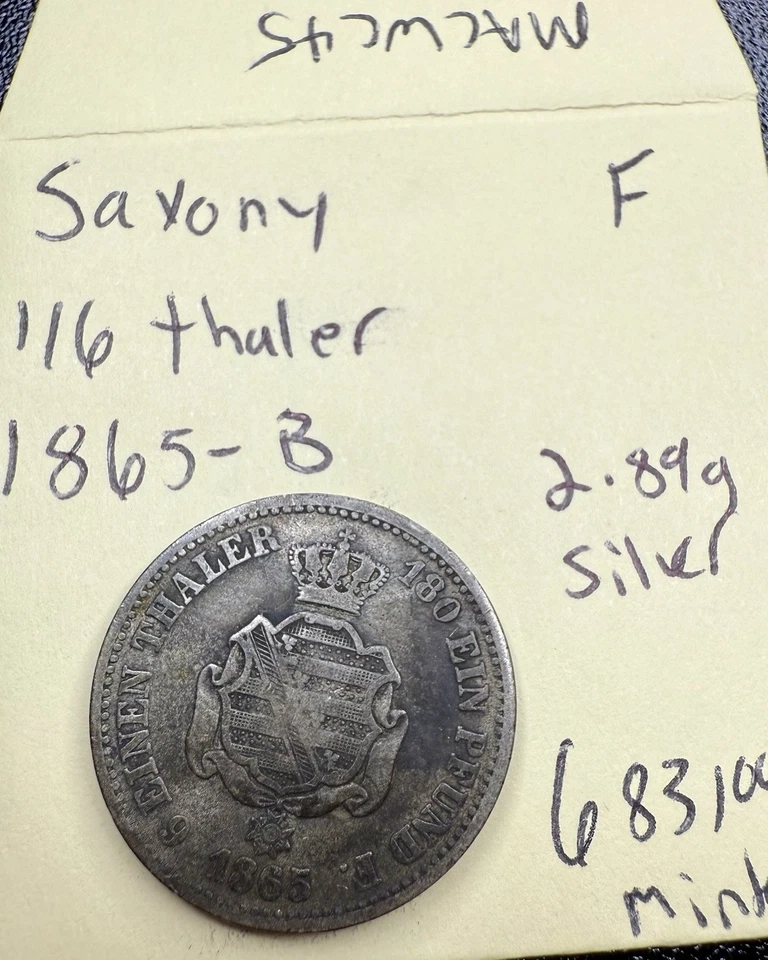 1865-B Saxony 1/6 Thaler β German States Silver Coin - Image 3 of 4