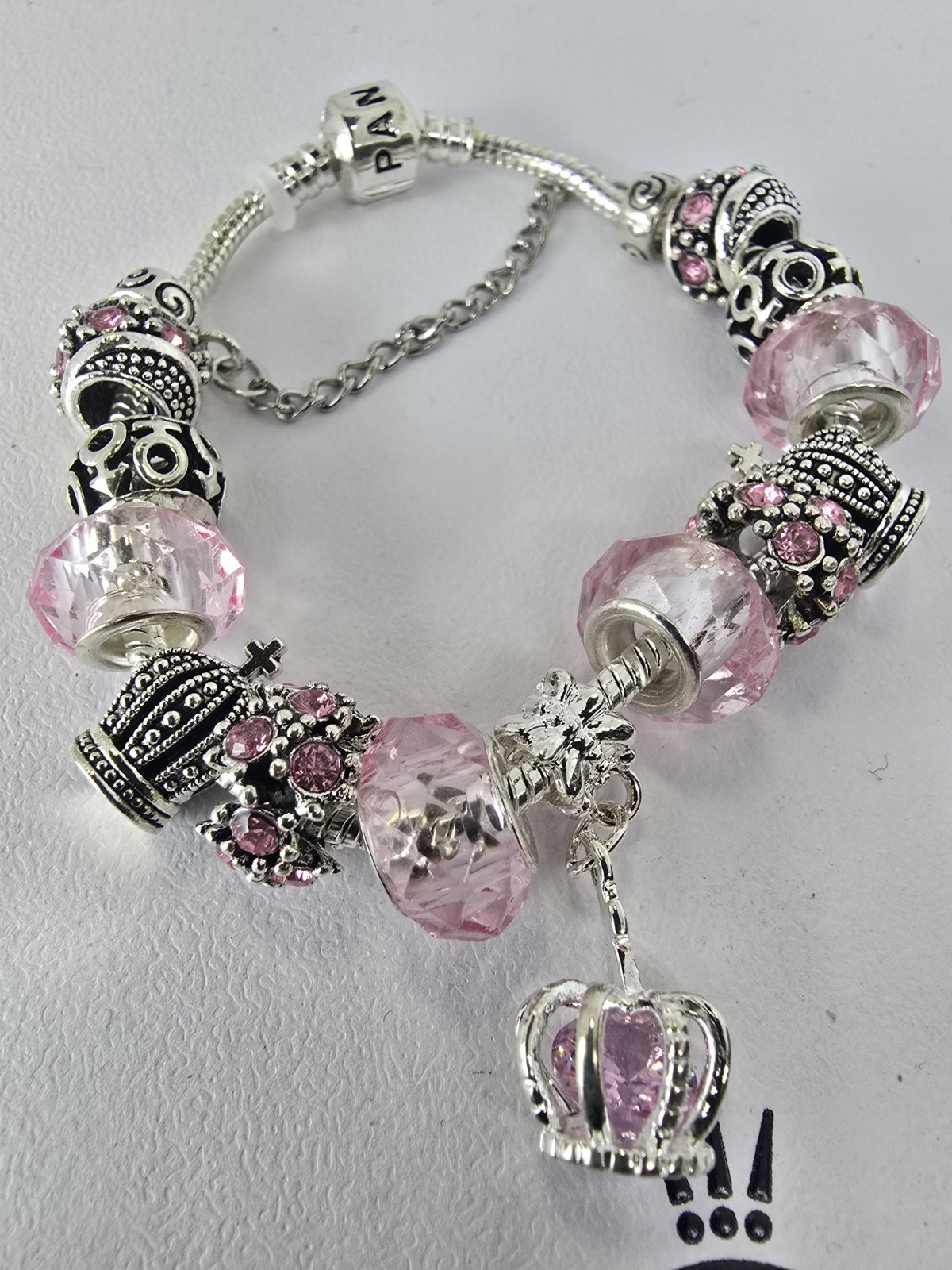SILVER BRACELET WITH CRYSTAL CROWN AND LOVE EUROPEAN CHARMS,7.5