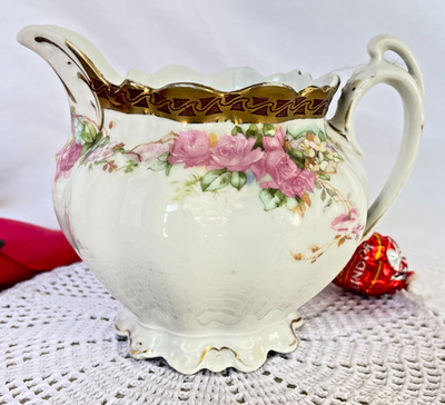 M.Z. Austria Antique Creamer Pink Roses Gold Pattern Scalloped Rim Double Handle