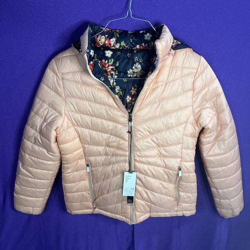 Puffer Jacket Women Lightweight Down Jacket Reversible Removable Hood Sz 12 L/M