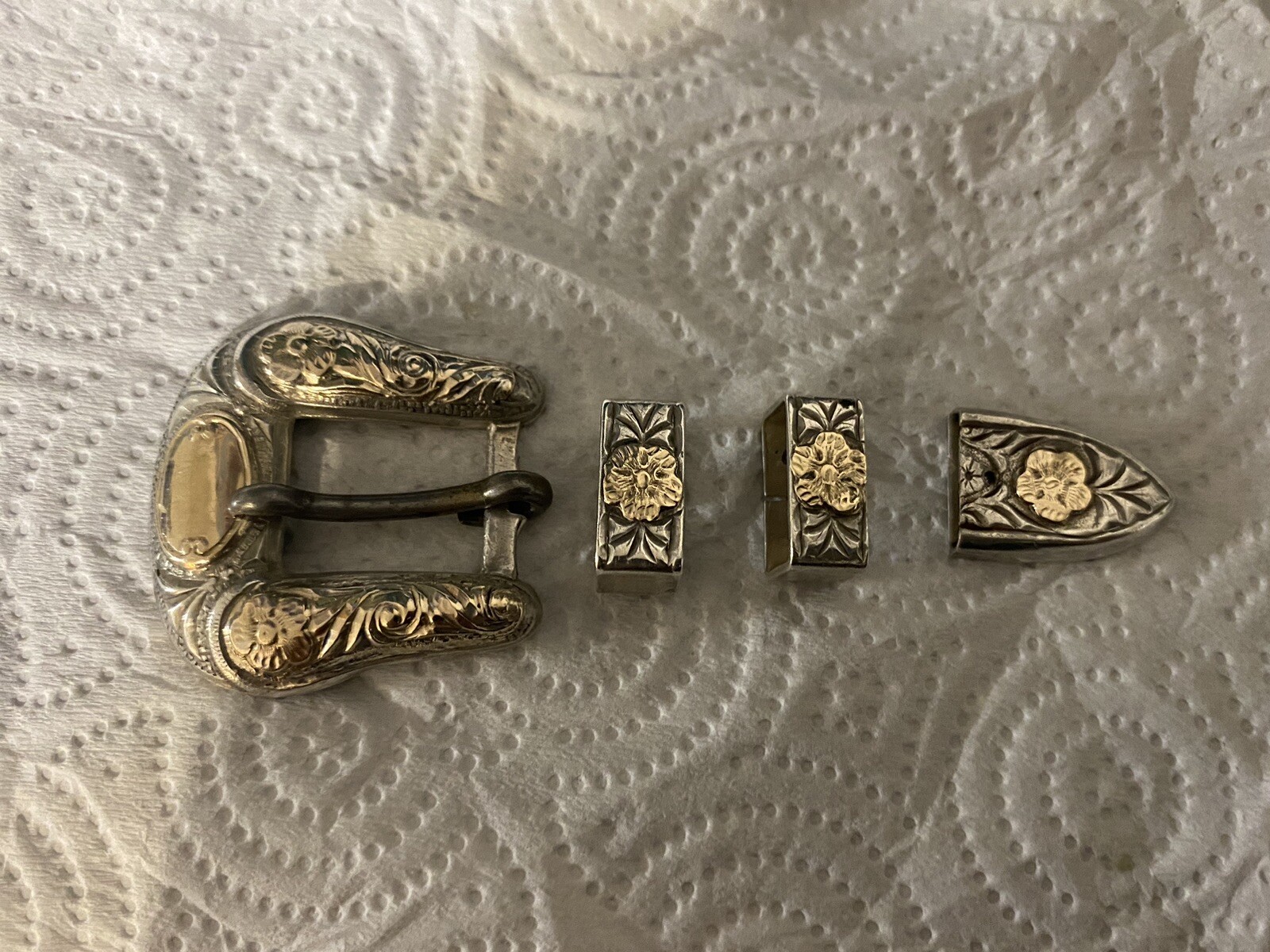 Vintage 10k Gold and Sterling Silver Belt Buckle NELSON BRINGHOFF NB 4 Pieces