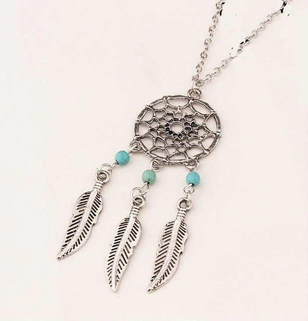 Pendant Necklace Dream Catcher Silver or Gold colour turquoise feathers retro