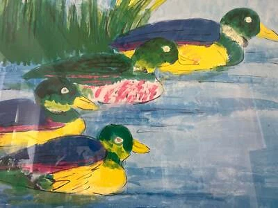 Großes Aquarellgemälde, Naive Kunst Entenfamilie im Teich 71x110cm - Bild 1 von 4
