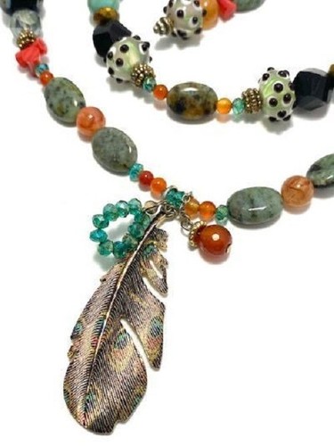 Necklace Set - Metal Feather - Lamp Work Glass, Carnelian, Coral, Jasper - Picture 5 of 9