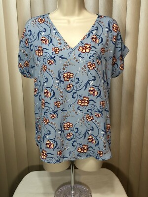 Hippie Rose Juniors Back Zip Blouse S Short Sleeve V Neck Top Floral Blue