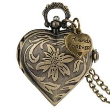 Flower Embossed Quartz Pocket Watch Friendship Vintage Analog Necklace Chain New