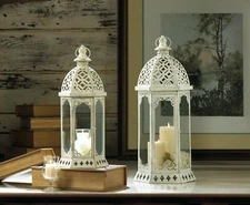 Metal Glass Graceful Distressed Small White Lantern Indoor Decor