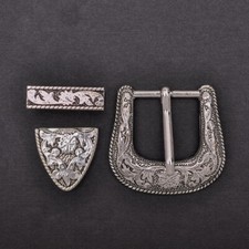 Western Cowboy Silver Flower Engraved Belt Pin Buckle 3pc/Set Fits 1-1/8" Strap