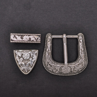 Western Cowboy Gürtelschnalle – 3-teiliges Set Mit Blumen-Gravur, Silber, Für 1-1/8 Zoll Riemen