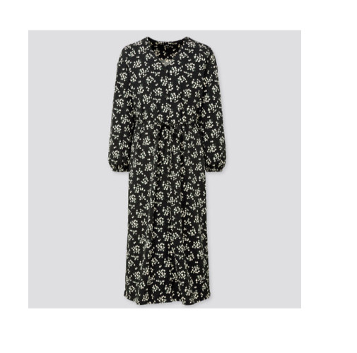 New Uniqlo Joy of Print Crepe Jersey Long Sleeve Midi Dress XS Black Floral