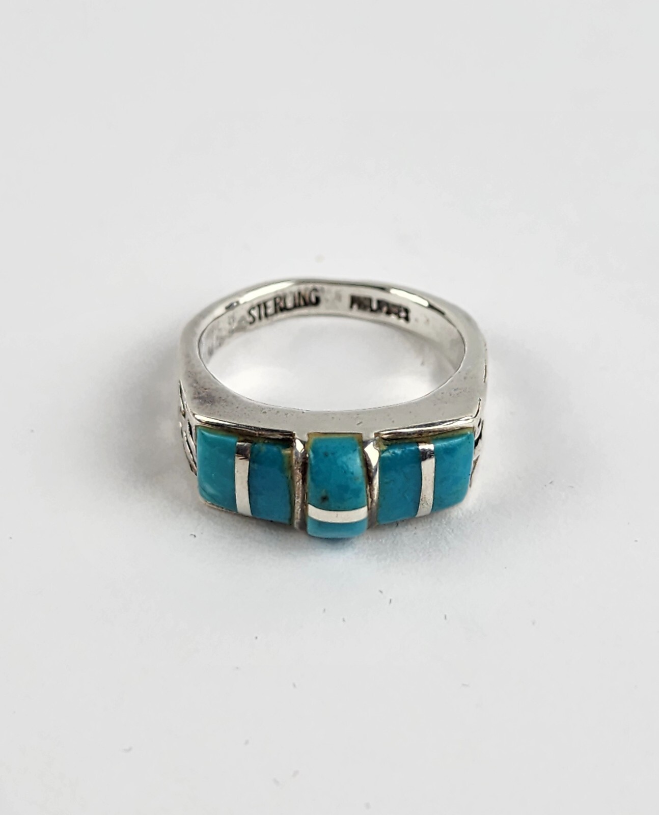 Solid Sterling Silver Turquoise Ring Basket Weave… - image 3