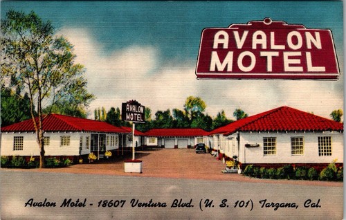 TARZANA, Kalifornien Postkarte AVALON MOTEL Highway 101 Roadside Linen c1950s JE20
