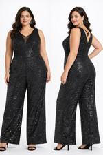 En Focus Studio Women Jumpsuit Size 14 Black Sequin Wide Leg Formal Glam