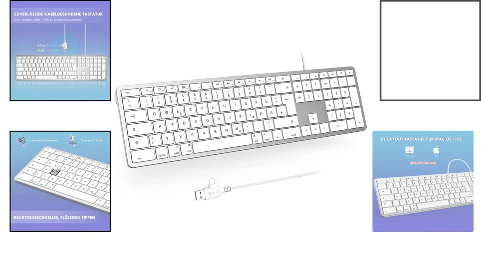 Kabelgebundene Tastatur für iMac & MacBook – QWERTZ, Silber, und Ergonomisch - Bild 2 von 4