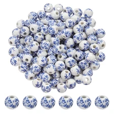 160 Pcs Porcelain Beads, 10mm Round Flower Beads, Blue