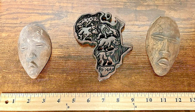 African Continent Carved Wood Map Wall Art Hanging Elephant Rhino Lion & 2 Mask