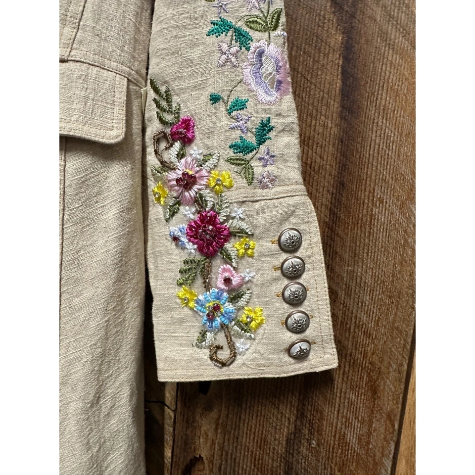 Aratta NWT M embroidered linen duster coat boho western cottagecore artsy jacket - Image 2 of 4