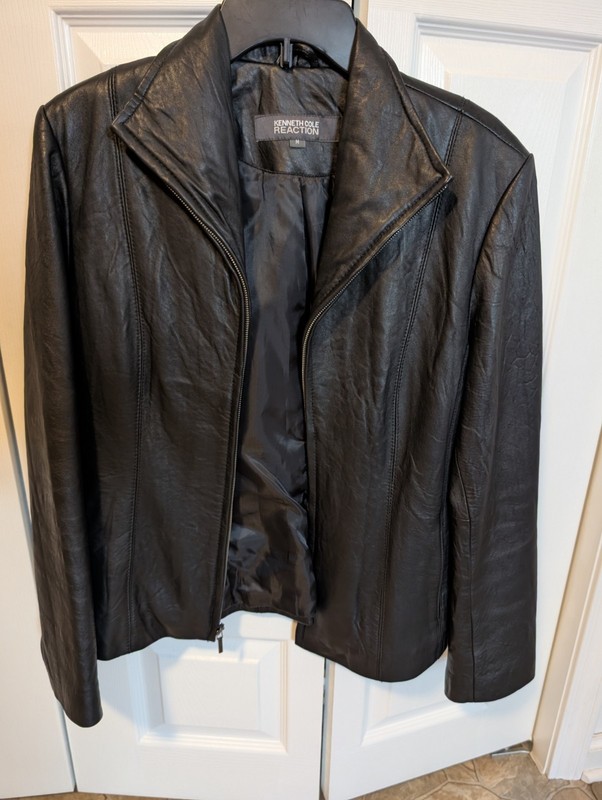 Reaction Kenneth Cole Leather Jacket Women's Collared Full Zip Black Medium