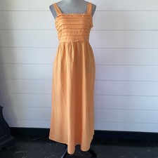 TAHARI Linen Blend Wide Stripes Pockets Pleated Bodice Maxi Orange Size 6