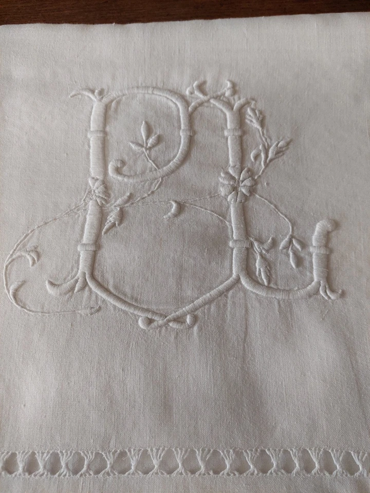 Drap ancien métis lin coton 210 X 300 cm monogramme PL - Photo 2/4