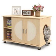 Cat Litter Box Enclosure w/ Sisal Scratching Doors Storage Adjustable Metal Feet