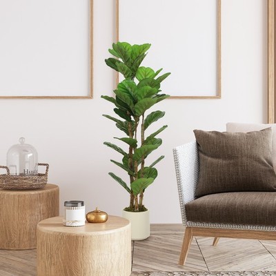 HOMCOM 120cm Künstlicher Geigenblatt Feigenbaum mit Massivholzstämmen generalüberholt