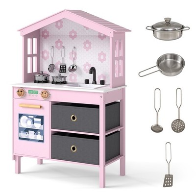 Kids Play Kitchen w/2 Stoves Rotation Knobs Faucet Sink Dishwasher Drawers