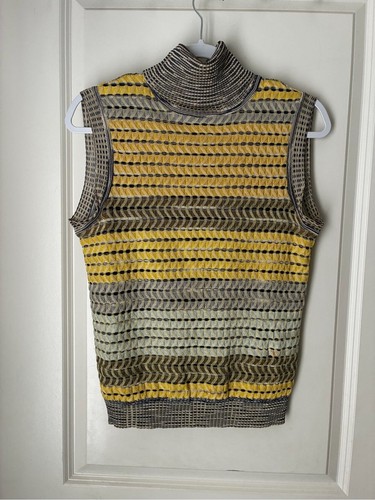 Missoni Sleeveless Turtleneck Knit Sweater Top in Yellow and Gray Sz M FLAW