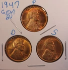 1947 P D S LINCOLN WHEAT CENT PENNY 1C GEM RED BU SET (3 COINS) 471231